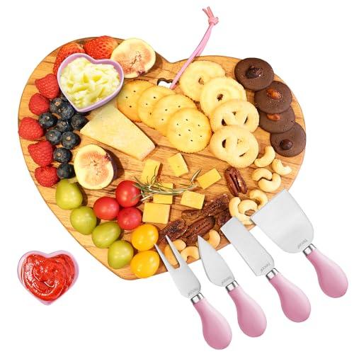 hecef 7pcs Cheese Board Set, Charcuterie Boards Set with Knives & Ceramic Bowls, Heart-shape Serving Board Set for Birthdays, Weddings, Feast, Housewarming(Pink)