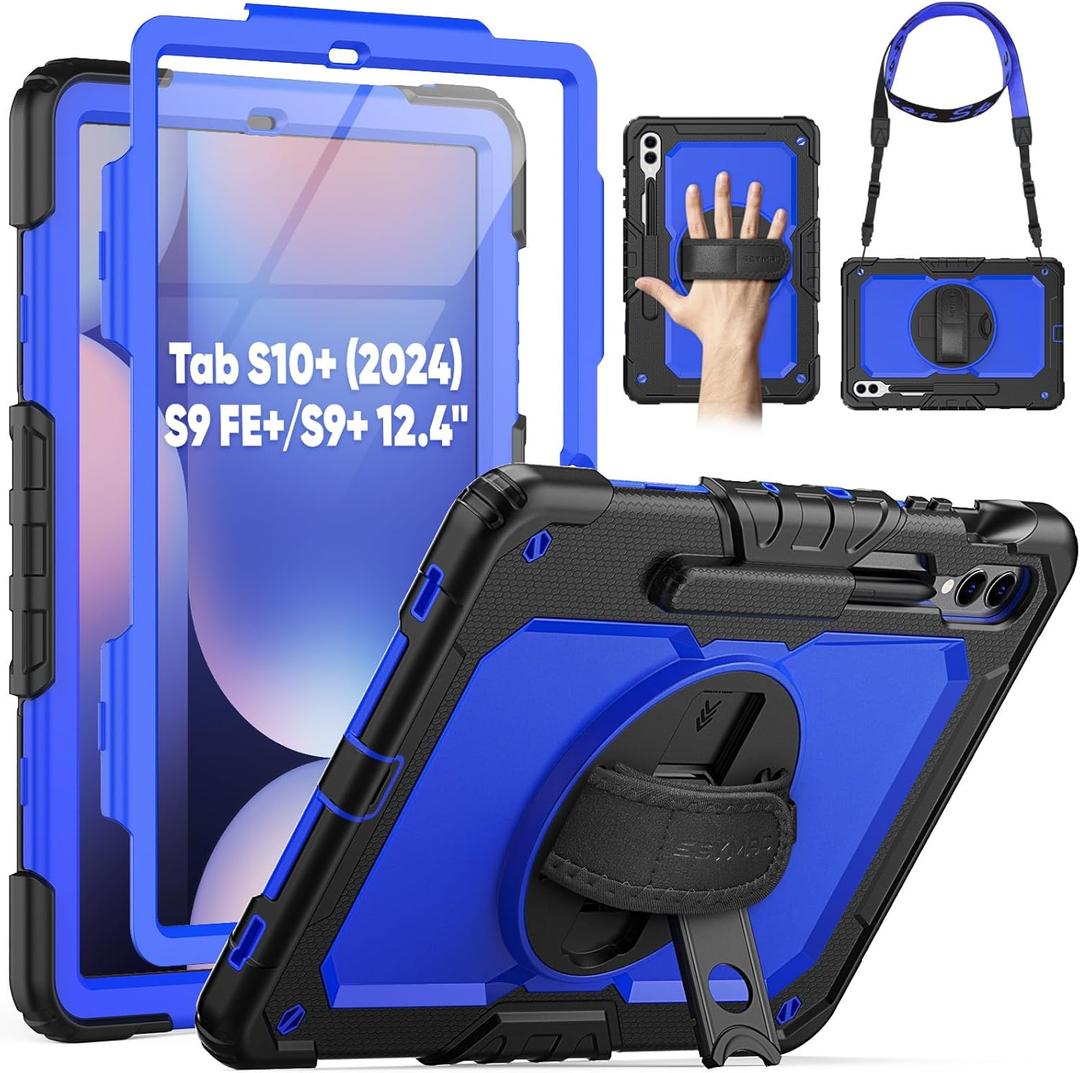 SEYMAC Case for Samsung Galaxy Tab S10+ Plus 2024/ S9 FE+ Plus/ S9+ Plus 12.4" 2023, Heavy Duty Shockproof Protective Case with Screen Protector, Stand, Hand/Shoulder Strap and Pen Holder, Blue