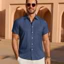 Mens Linen Shirt Short Sleeve Wrinkle Free Casual Untucked Button Down Shirts Beach Breathable Tops Summer (Blue, XL)