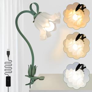 Clip On Light and Flower Bedside Table Lamp, Flexible Gooseneck Reading Book Light with 3 Color Modes, Night Light for Kids Nursery, Clip on for Desk, Bed Headboard, Dorm (Green-02)