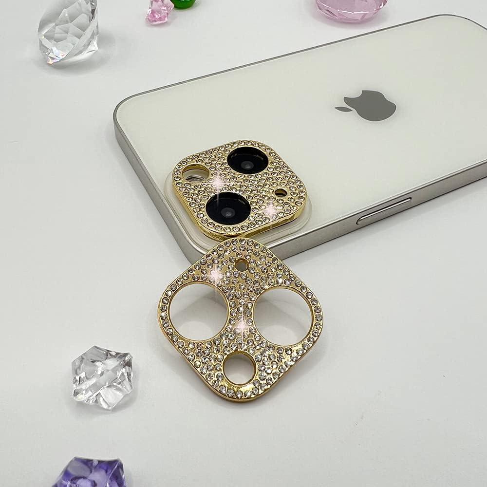 2 Pack Camera Lens Protector - Compatible with iPhone 14/15 Series, 3D Glitter Bling Diamond Cover Sticker (Gold)