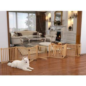 Wooden Freestanding Dog Gate Indoor, 23" H Wood Dog Gates with Door Walk Through, No-Painted Folding Doggy Gate for Doorway, Portable Puppy Fence for Stairs- 8 Panels