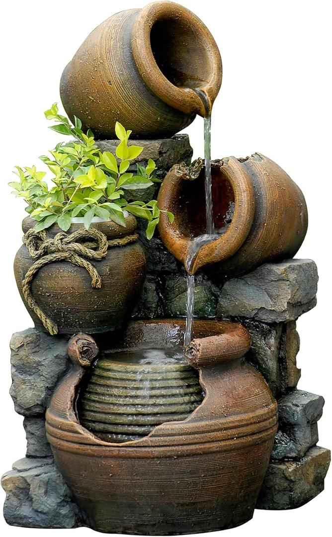 Jeco FCL055 Multi Pots Outdoor Water Fountain with Flower Pot, 12.6L x 13.4W x 23.6H, Multicolor