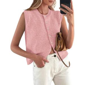 PRETTYGARDEN Sweater Vest Tops for Women 2026 Lightweight Summer Cardigan Sleeveless Button Up Knit Casual Spring Clothes (X-Large, Pink)