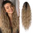 FESHFEN Claw Clip Ponytail Extensions - Long Pony Tail Hair Piece Wavy Curly Synthetic Hairpieces for Women, Ombre Brown Mix Blonde 30 inch