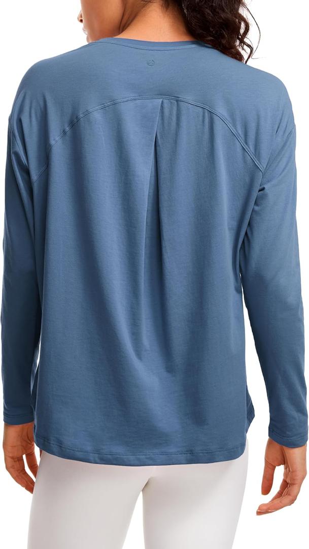 CRZ YOGA Pima Cotton Long Sleeve Workout Shirts for Women Loose Fit Crew Neck Yoga Athletic Tops Casual Fall Shirt Ink Blue Medium