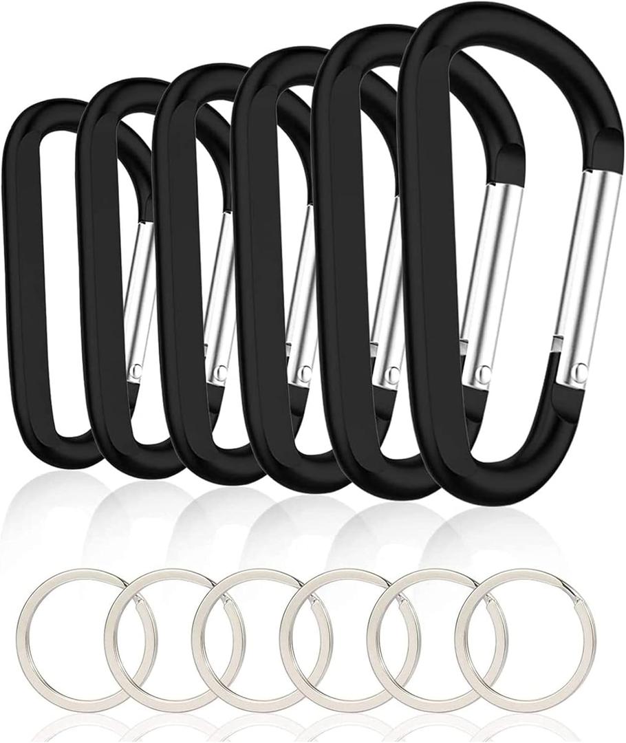 6PCS Black Carabiner Carabiner Clip, 3" Large Aluminum D Ring Shape Carabiner with 6PCS Keyring Keychain Hook