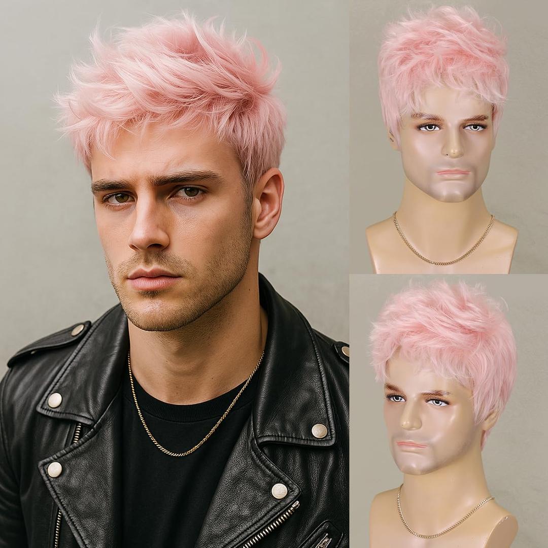 Short Pink Wig for Men Handsome Male Wig Daily Costume Synthetic Full Wigs Natural Pink Hair Replacement Wig