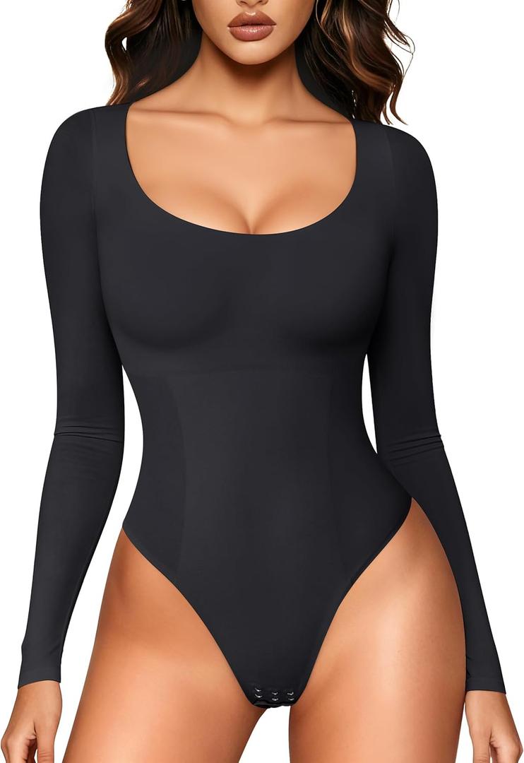 LODAY Long Sleeve Bodysuits for Women Scoop Neck Body Suits Light Compression (Small, Black)