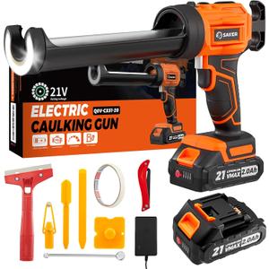 Saker Electric Caulking Gun Cordless Caulk Gun Drip-free with Caulking Tools 4 Adjustable Speeds with LED Light 10oz/300ml for Kitchen Bathroom Filling, Sealing 2 Batteries