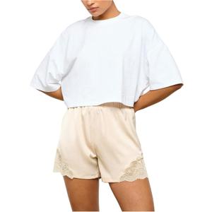 Milumia Women's Lace Trim Satin Mini Shorts Elastic High Waist Loose Casual Lounge Shorts (Medium, Beige)