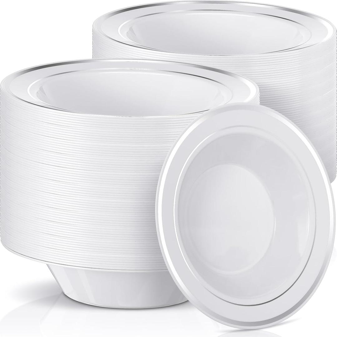 Jinei 150 Pieces 6 oz Plastic Bowls with Rim Small Disposable Soup Bowls for Dessert Salad Soup Candy Wedding Thanksgiving Catering Holidays Party Supplies (White,Silver Rim)