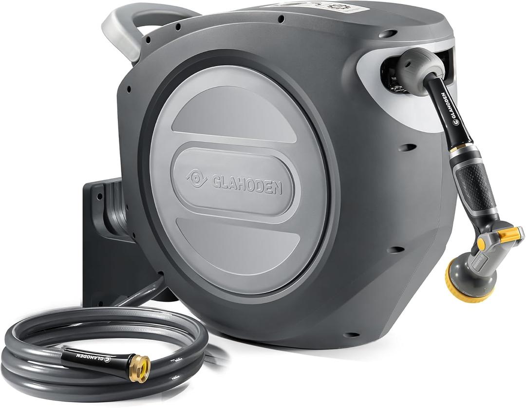 GLAHODEN Retractable Garden Hose Reel 1/2 in x 100 ft Upgraded UV Resistant Heavy Duty Automatic Hose Reel Wall Mount 3/4 in Brass Fitting 9 Pattern Nozzle Any Length Lock Slow Retraction 180 Swivel