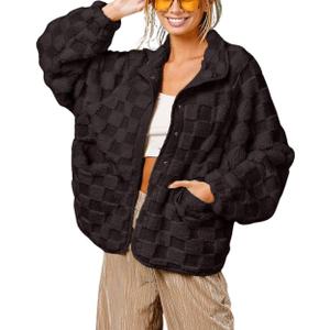 chouyatou Women Winter Casual Checkered Fleece Jacket Fuzzy Oversized Sherpa Jacket Shacket Faux Fur Coat (Large, Black)