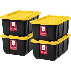 IRIS USA 27 Gallon Heavy Duty Truck Bed Toolbox Storage Tote Bins with Lids, 4 Pack - Made in USA, Tough Snap On Lockable Lid Stackable Industrial Tubs, Garage Organization Reusable Box - Black/Yellow
