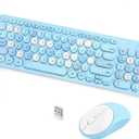 Wireless Keyboard and Mouse Combo, Retro Typewriter Keyboard with Round Keycaps, 2.4GHz USB Cute Wireless Keyboard Mouse for Computer, Desktop, Laptop (Blue Colorful)