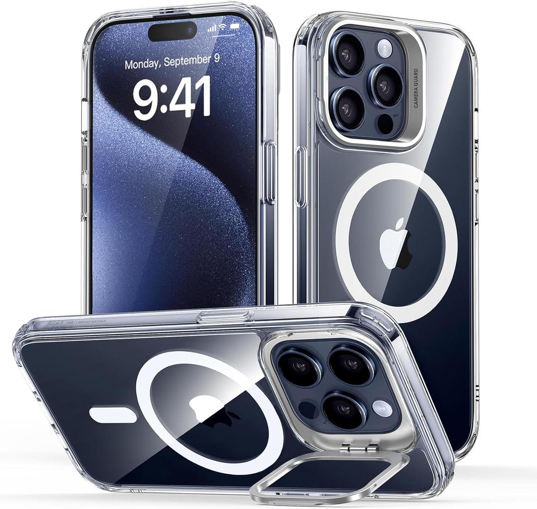 ESR for iPhone 15 Pro Max Case, Compatible with MagSafe, Military-Grade Protective Clear Case for iPhone 15 Pro Max,Built-in Stash Stand Phone Case, Scratch-Resistant Back Cover, Classic Series,Clear
