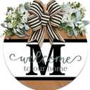Last Name Round Front Door Wreath Decor for All Year, 26 Initial Letter Wreaths for Front Door Welcome Garland and Eucalyptus Hanging Gift for Farmhouse House Welcome Sign for Spring Summer Winter Used (M) (12*12IN)
