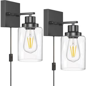 Plug in Wall Sconces, 2 Pack Wall Lamp, Rustic Plug in Wall Light Sconces, Sconces Wall Lighting, E26 Modern Wall Light Fixtures (Black)