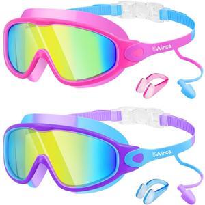 Vvinca Swim Goggles, Kids Goggles with Earplugs& Nose Clip Wide View Anti-Fog/UV Swimming Goggles for Age 3-15 Boys Girls (02-pink Purple)