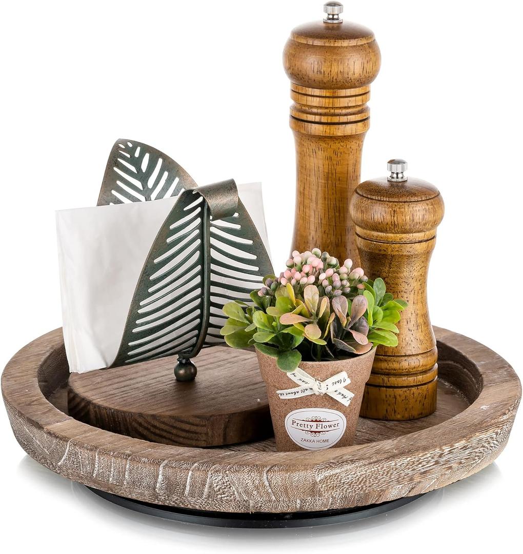 Turntable Rustic Wooden Serving Tray: Hanobe Round Wood Decorative Vintage Centerpiece Candle Holder Trays Farmhouse Ottoman Tray with Turn Table for Kitchen Countertop Coffee Table (Distressed & Turnable)