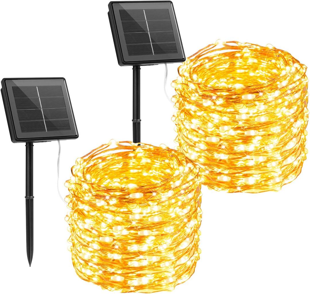 Brightown Solar String Lights, 2 Packs Total 66Ft 200 LED Solar Fairy Lights with 8 Modes, Waterproof Solar Lights for Outside Patio Yard Tree Wedding Christmas 33FT*2Packs, Warm White