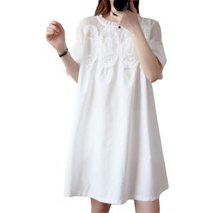 Womens Summer Lace Short Sleeve Round Neck Mini Babydoll Dress Loose Sheer Mesh Ruffle Short A-Line Dresses, L, White