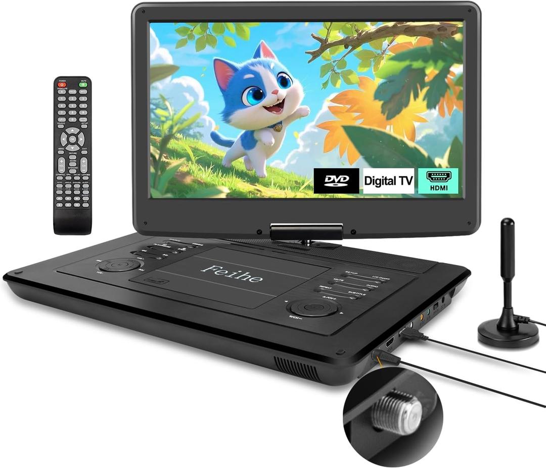 17.9" Portable DVD Player Built in TV with 15.6" Large HD Swivel Screen, ATSC Tuner, Built-in Battery, High Volume Speakers, Support HDMI/USB/AV/Sync TV and Multiple Formats