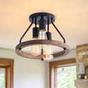 VILUXY Industrial Flush Mount Ceiling Light Fixture with Retro Wood Circle Shade for Hallway, Entryway, Bedroom, Balcony Passway 3-Light (Bulbs not Included)