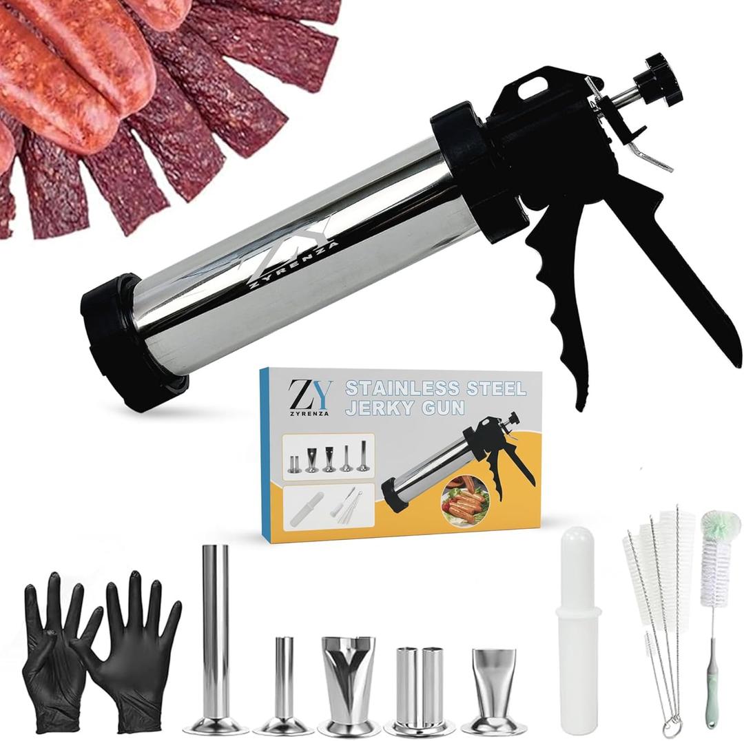 Professional Jerky Gun Kit  Stainless Steel Beef Meat Maker Machine with 5 Nozzles, 1 Meat Pusher, 5 Cleaning Brushes (2 Sets), Sausage Shooter Accessories & Bonus Pair of Gloves