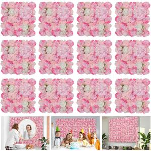 Flower Wall Backdrop 12 Piece of 16.5x16.5 Inch Floral Wall Panel Artificial Silk Rose Wall Decor Ideal for Wedding Celebrations, Festive Party Backdrops, and Home Decor-Pink