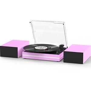 Vinyl Record Player with Two External Speakers Belt-Drive Turntables for Vinyls Records Dual Stereo Speakers LP Players 3 Speed Full Size Wireless AUX-in Headphone Auto Stop Pink
