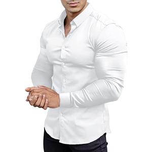 Mens Muscle Fit Dress Shirts Athletic Slim Fit Long Sleeve Stretch Casual Button Down Shirt (Large, White)