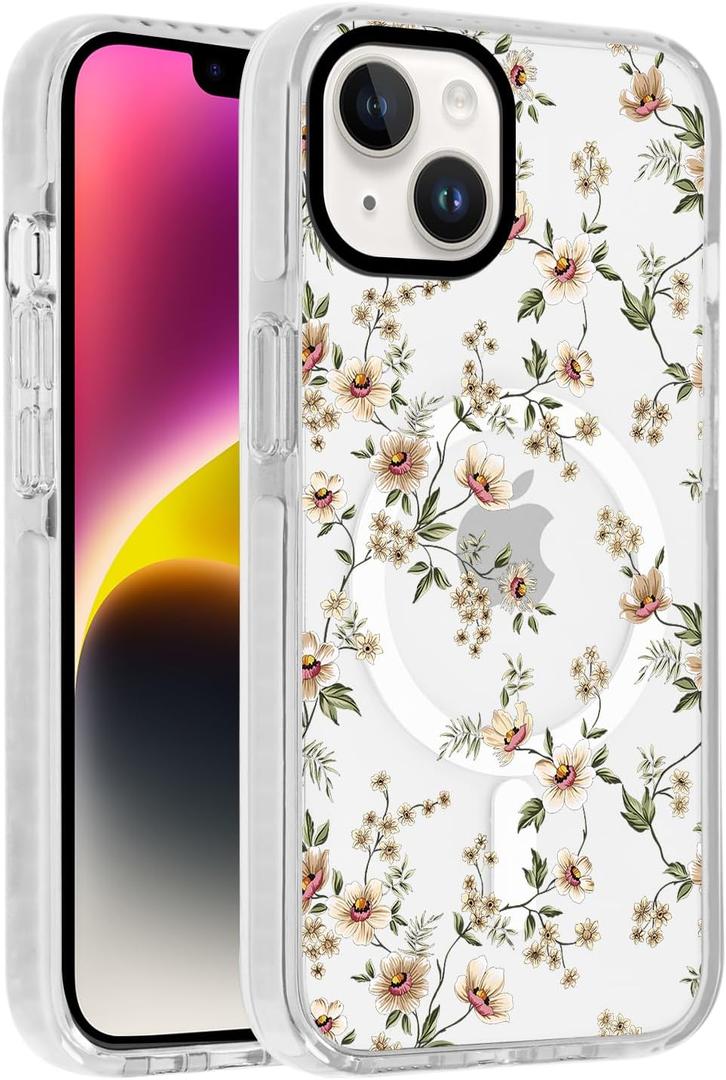 Magnetic Phone Case for iPhone 14/iPhone 13,Compatible with MagSafe,Clear with Floral Pattern Phone Cover for Girls Women,Slim Fit TPU Shockproof Cell Phone Case