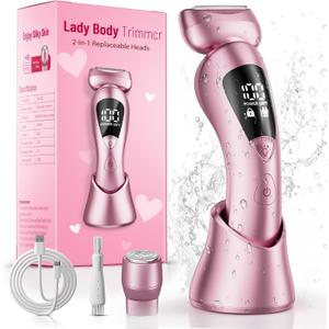 Electric Bikini Trimmer for Women: Upgrade Rechargeable Painless Shaver for Body Hair - IPX7 Waterproof Cordless Razor with LED Display for Face/Leg Deep Pink