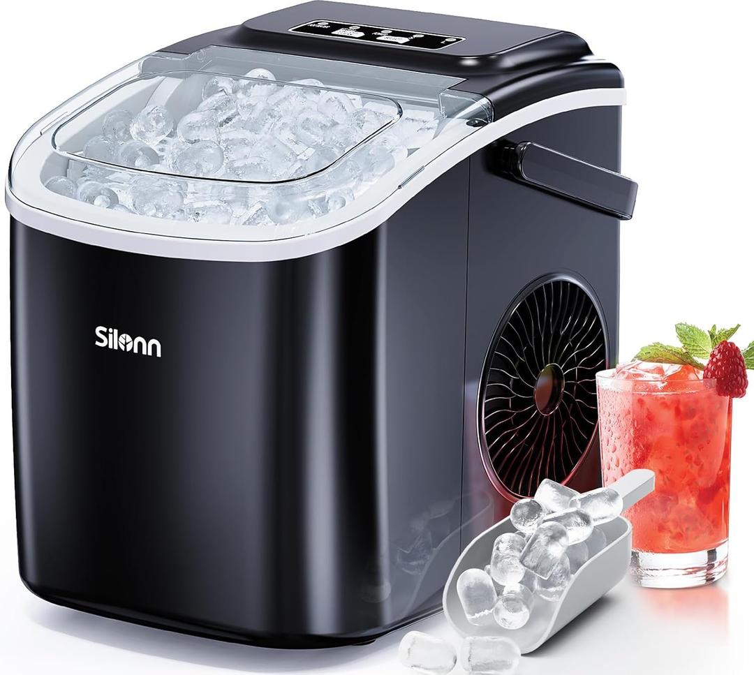 Silonn Ice Makers Countertop, 26Lbs/24H, Self-Cleaning Ice Machine, 9 Cubes Ready in 6 Mins, 2 Sizes of Bullet Ice, Ice Makers for Home Kitchen Office Bar Party, Black