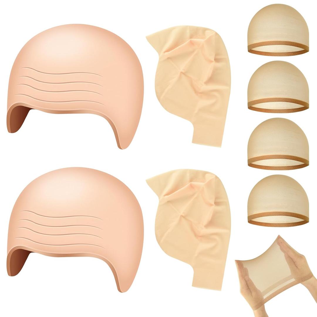 NACHLYNN Halloween Bald Cap 4 Pack Makeup Latex Bald Caps 4 Pack Nylon Wig Caps Halloween Party for Adult Women Kids Men Costume Accessories (Complexion-2)