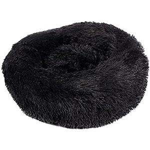 Plush Donut Pet Bed, Round Fluffy Calming Dog Cat Bed, Pink Shaggy Faux Fur, Comfortable Cushion for Small Medium Pets (Black, Diameter 50cm)