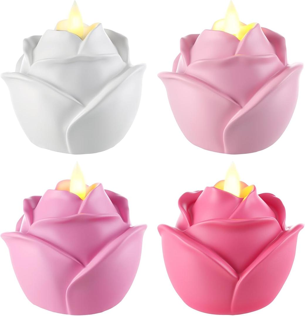 Bucherry 4 Pcs Rose Flameless Candle Light 3.5" LED Resin Pink Rose Flower Tealight Candle Battery Operated Rosebud Flickering Tea Light for Wedding Party Teacher Gifts Home Table Decor