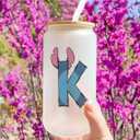 Cute Cartoon Lover Gifts Initial A-Z Personalized Iced Coffee Cup Cartoon Merch 16oz Glass Cup with Lid and Straws Birthday Christmas Gifts for Women Teen Girls Fans (Letter K) (Multicolor 1029)