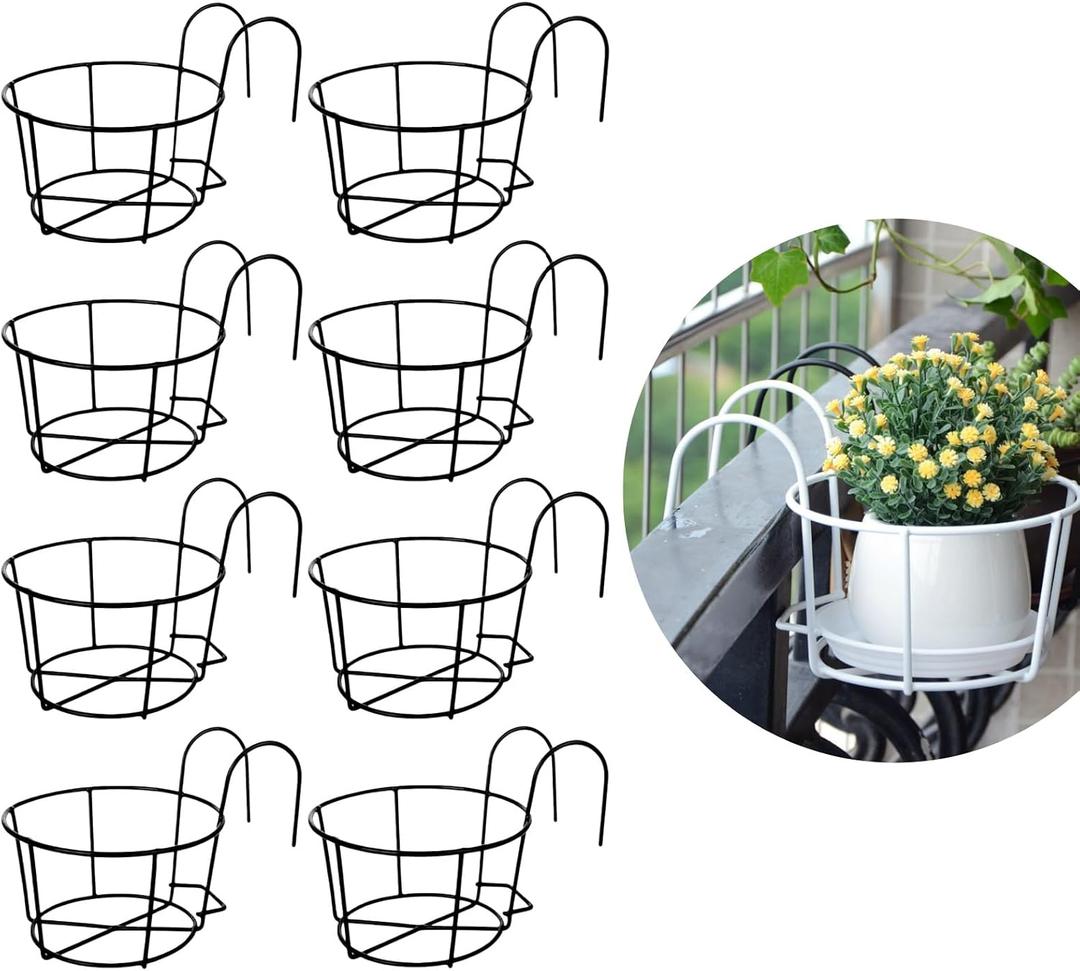 8 Pack Railing Planter, Railing Hanging Planters Flower Pot Holder Stackable Storage for Balcony Garden Outdoor (Black,Medium)