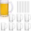 Glass Beer Mugs Set of 8,16oz Heavy Beer Mug With Handles and Straws for Tea,Coffee Thick Drinking Glasses for Freezer