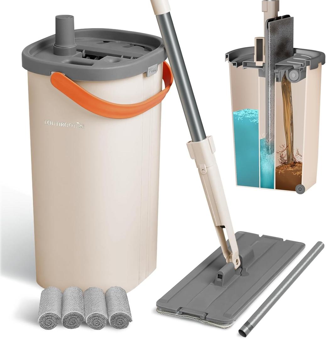Mop and Bucket with Wringer Set for Home, 3-Chamber Separate Dirty Clean Water Flat Spin Mop and Bucket Set for Wet Dry Floor Wall Mops Hands Free Automatic Clean 60in Handle with 4 Microfiber Pads