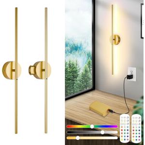 8000mah Detachable Battery Operated Wall Sconces Set of two, 32 Inch Rechargeable Wall Sconce With Remote & Touch, RGB 15 Colors Dimmable Wireless lamp for Bedroom, Living Room, Hallway Decor, Gold