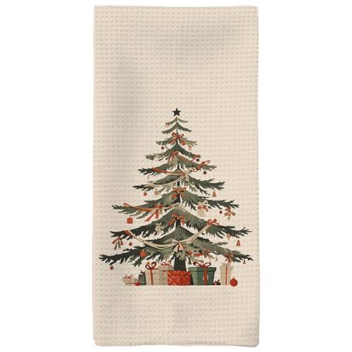 Tzhim Christmas Kitchen Towels - Red Bow Ribbon Christmas Tree Hand Towels, Dish Towels & Tea Towels for Kitchen & Bathroom Decor - 16x24inch