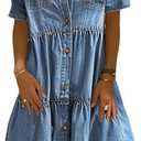 Women Summer Casual Button Down Midi Denim Shirt Dress Cute Distressed Tiered Ruffle Jean Dress S