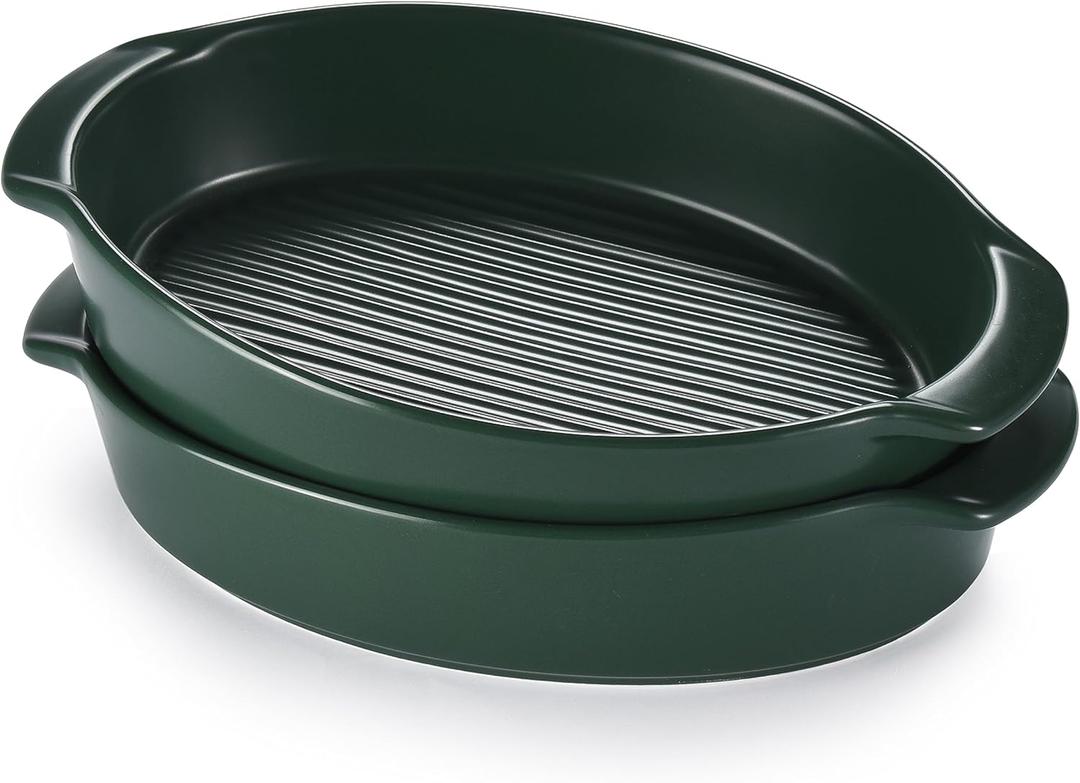 Bruntmor Oval Baking Dish Set for Oven, Durable & Versatile - Ceramic Serving Dishes - Oven Safe Au Gratin Baking Dishes Pans - Ideal for Any Occasions - Housewarming Gift - Set of 2 - Dark Green