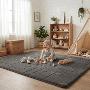 Baby Play Mat for Floor, 1.3" Thick 79x118 Plush Soft Foam Mats for Toddler Kids Crawling, Non-Slip Easy Care Nursery Rug for Playroom Living Room, Dark Grey