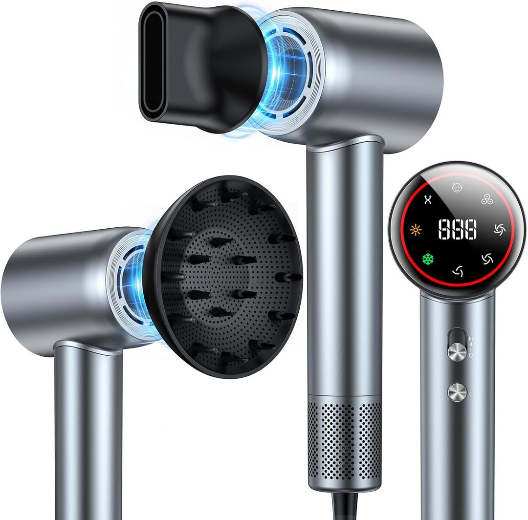 Hair Dryer, 160000 RPM High Speed 200 Million Ionic Blow Dryer, Professional Hair Blow Dryer with Diffuser and Nozzle for Home, Travel & Salon Use, 120V (Grey)