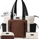 Bagstellar Puffer Tote Bag for Women, Lightweight Puffy Work Laptop Handbag Teacher Nurse Quilted School Daily Travel Gym Bag | Daily Carry On Bags, Comfy College Bags, 15.6" Computer Bag, Clinical Nursing Bag, 40 OZ Tumbler Holder, Ideal Gift for Women (Cream-brown-black)